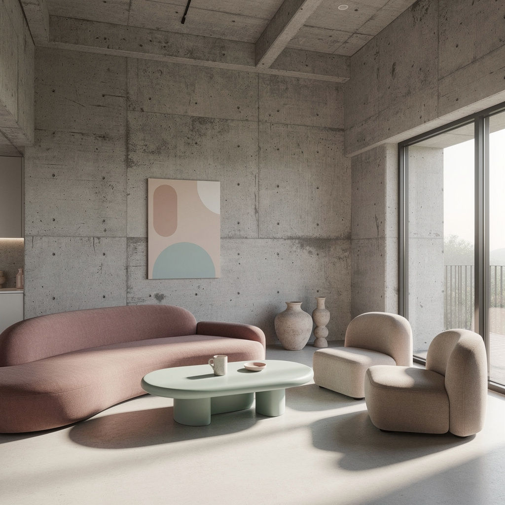 An interior scene rendered in soft brutalism — raw concrete 