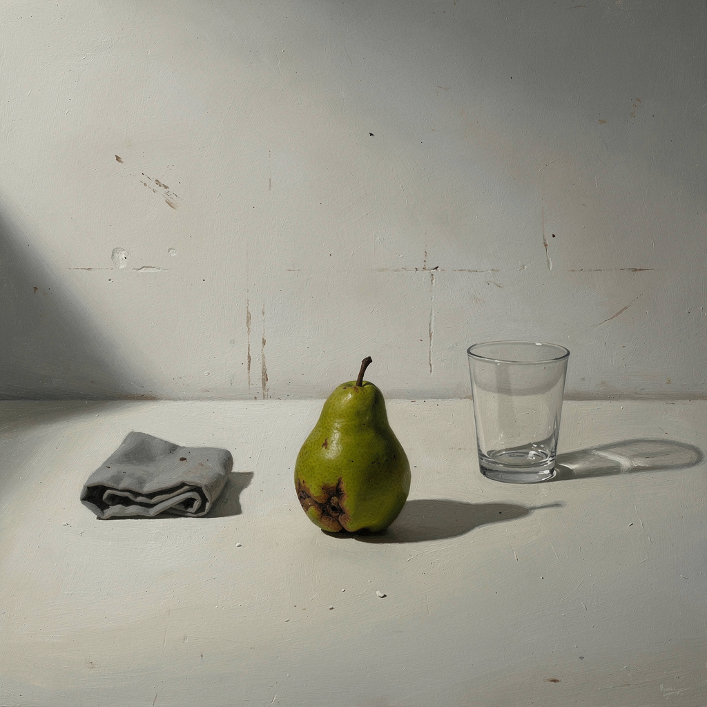 A still life painted in anxious minimalism — sparse composit