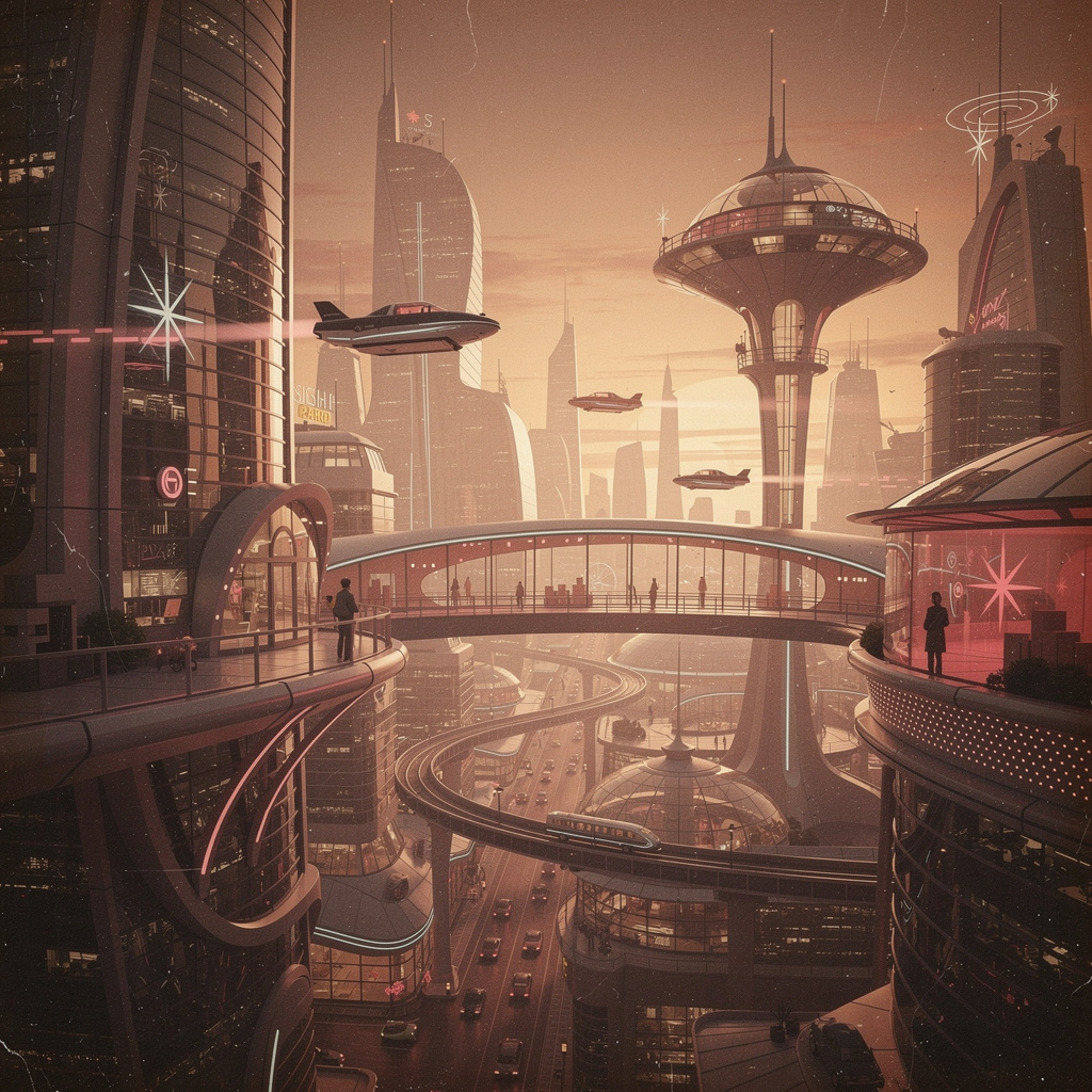 A cityscape rendered in nostalgic futurism — retro-futuristi