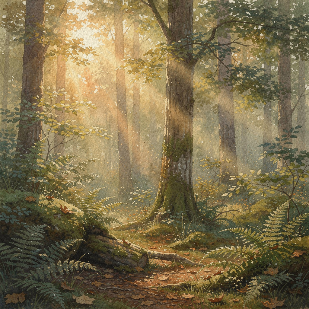 A forest rendered in photorealistic watercolor — the detail 