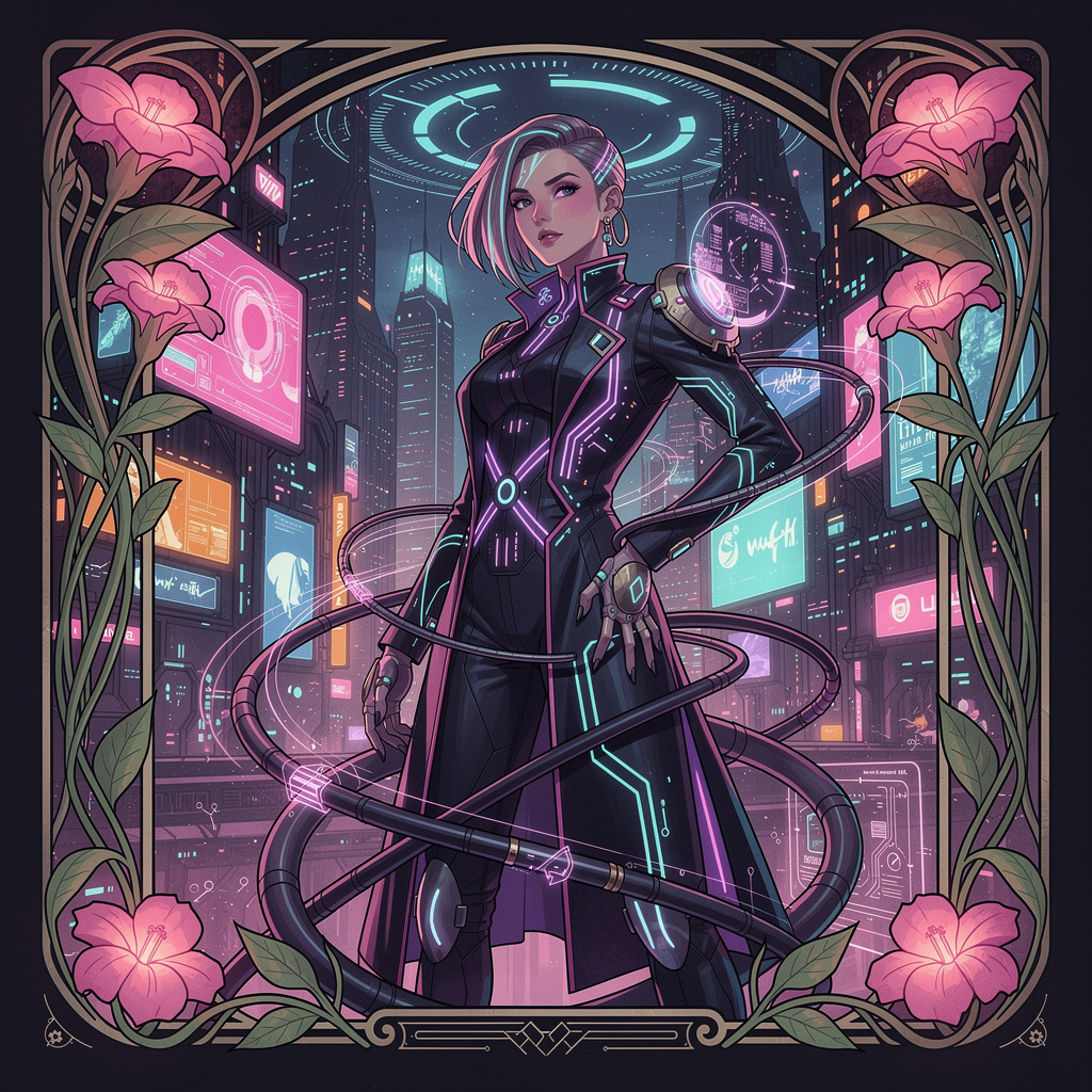 A woman in a futuristic city rendered in cyberpunk Art Nouve
