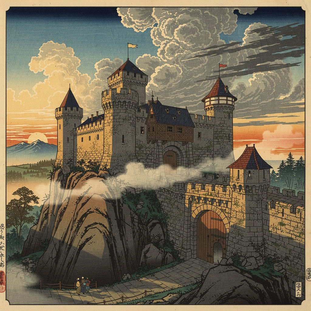 A medieval castle depicted in Japanese ukiyo-e woodblock pri