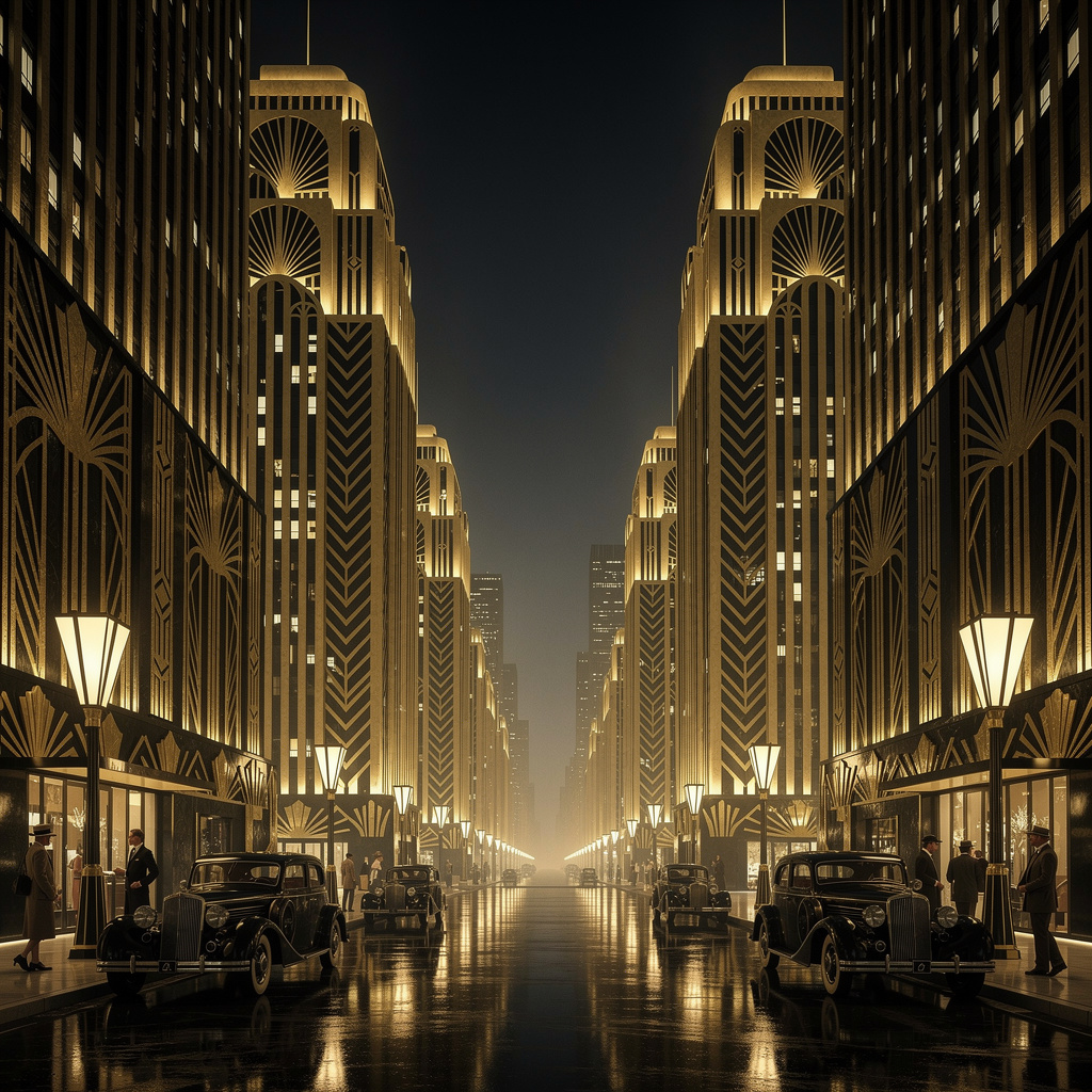 A city street scene in the style of Art Deco — geometric sha
