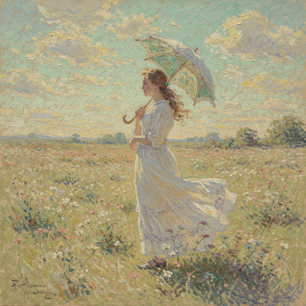 A woman with a parasol in the style of Impressionism — soft 