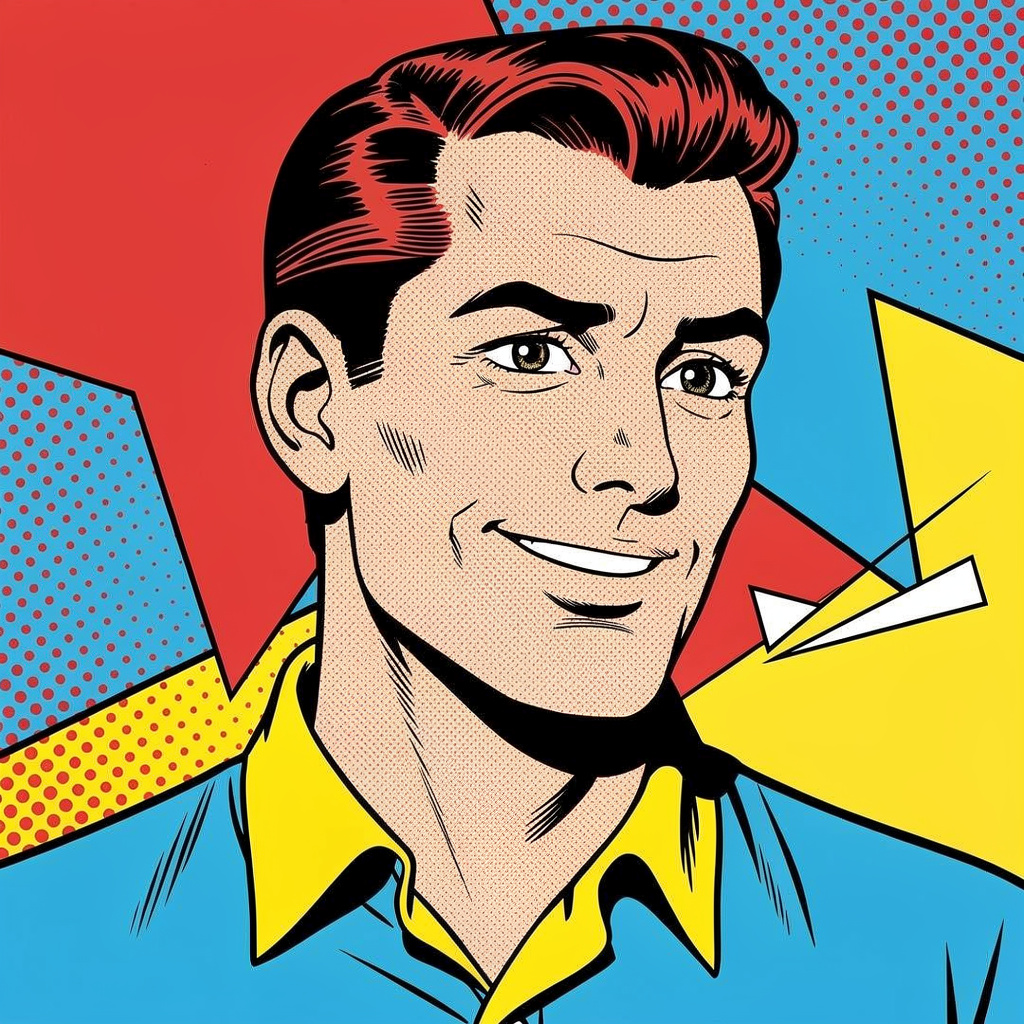 A portrait of a man in Pop Art style — bold outlines, Ben-Da