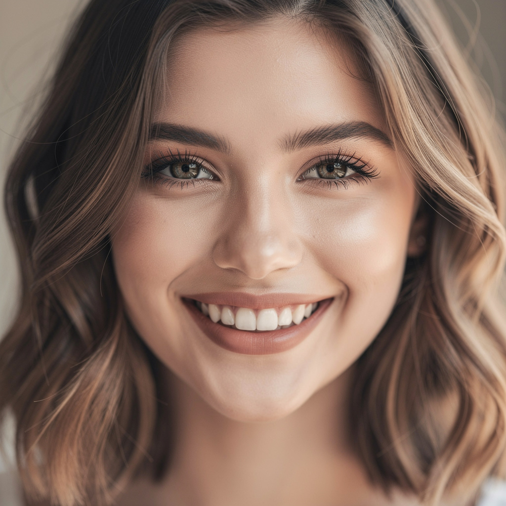 A close-up portrait of a young woman with a warm natural smi