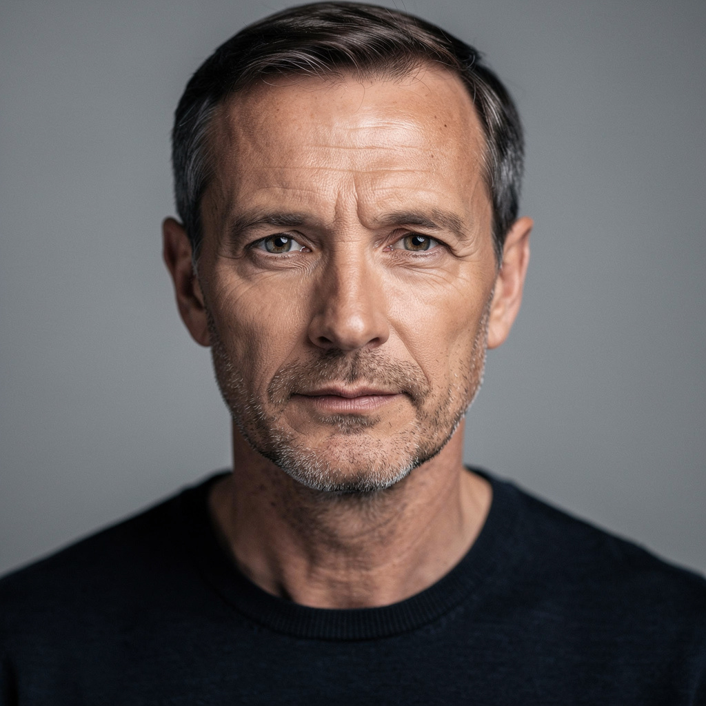 A portrait of a middle-aged man with a calm, serious express