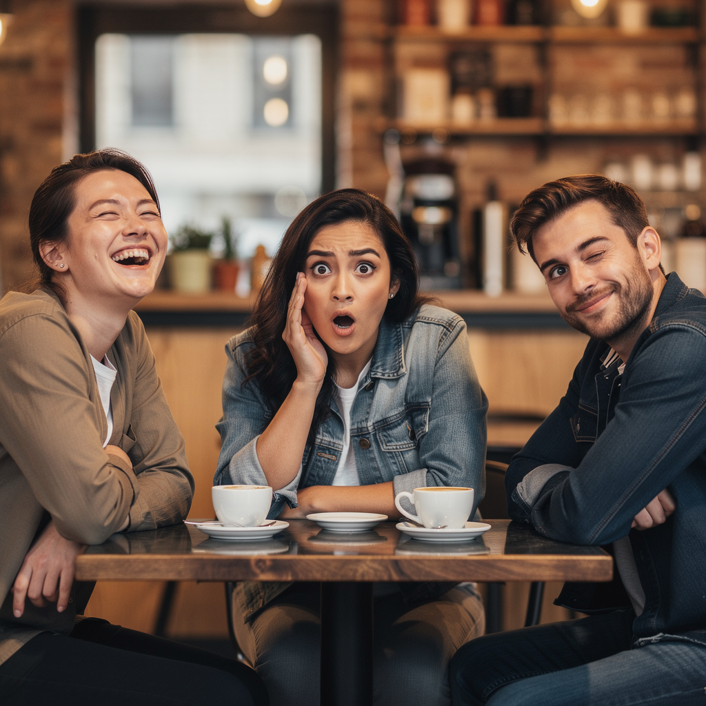 A group of three friends at a table: one laughing with head 