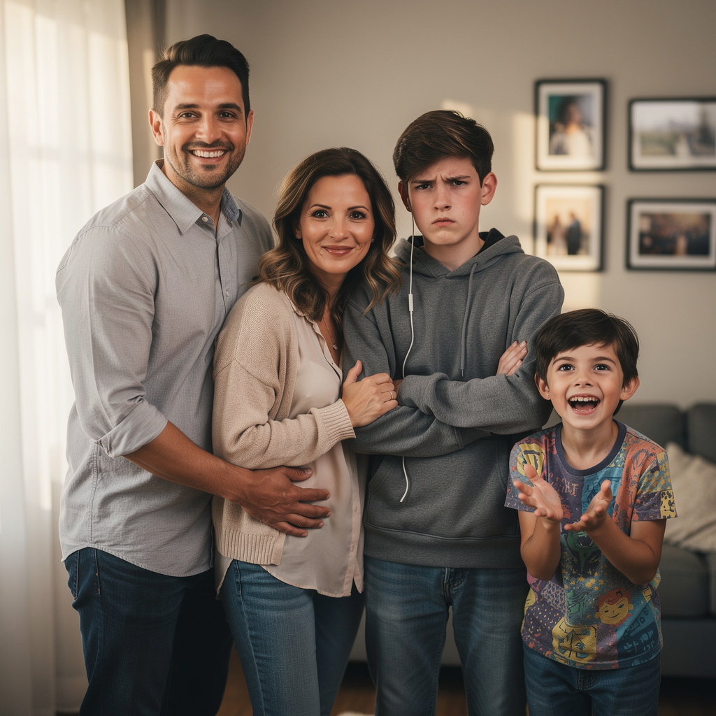 A family photo with four people: a father beaming with pride