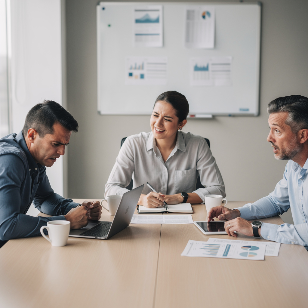 Three coworkers in a meeting: one looking frustrated with fu