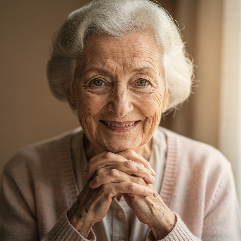 An elderly woman in her 80s with deep wrinkles and white hai
