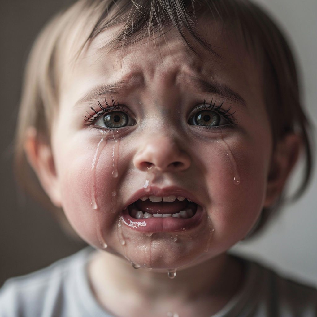 A 5-year-old child with round cheeks and large eyes, crying 