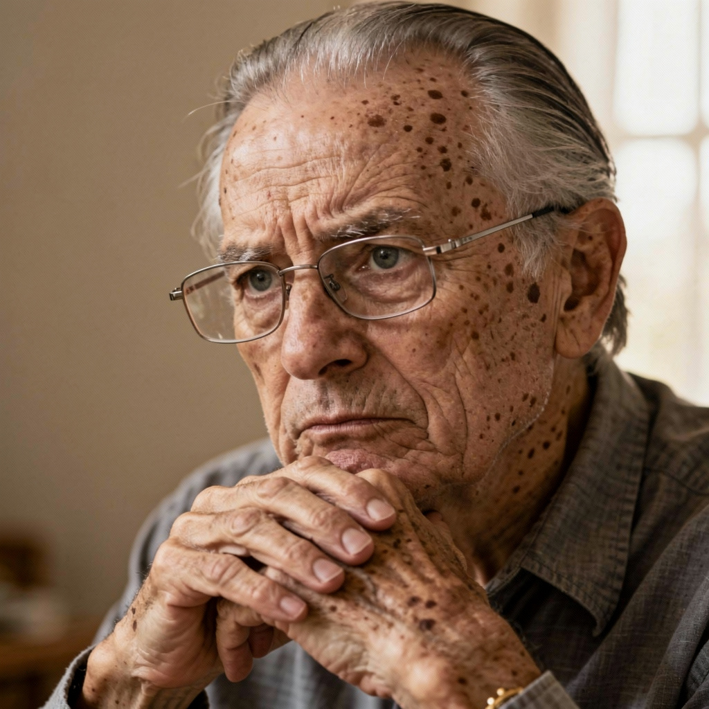 An elderly man in his 70s with age spots and thinning gray h