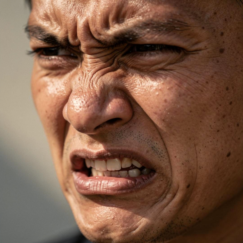 A close-up of a person's face showing clear disgust, nose wr