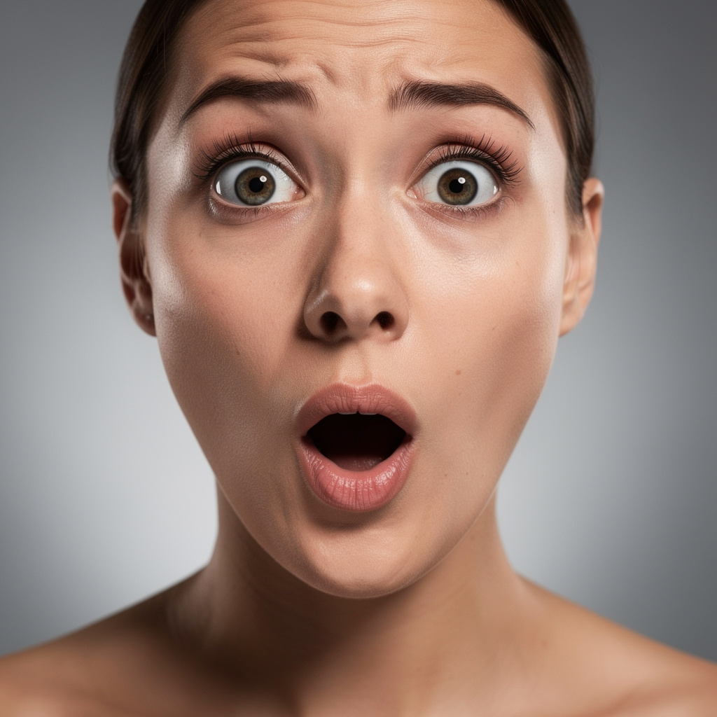 A portrait capturing genuine surprise — raised eyebrows, wid