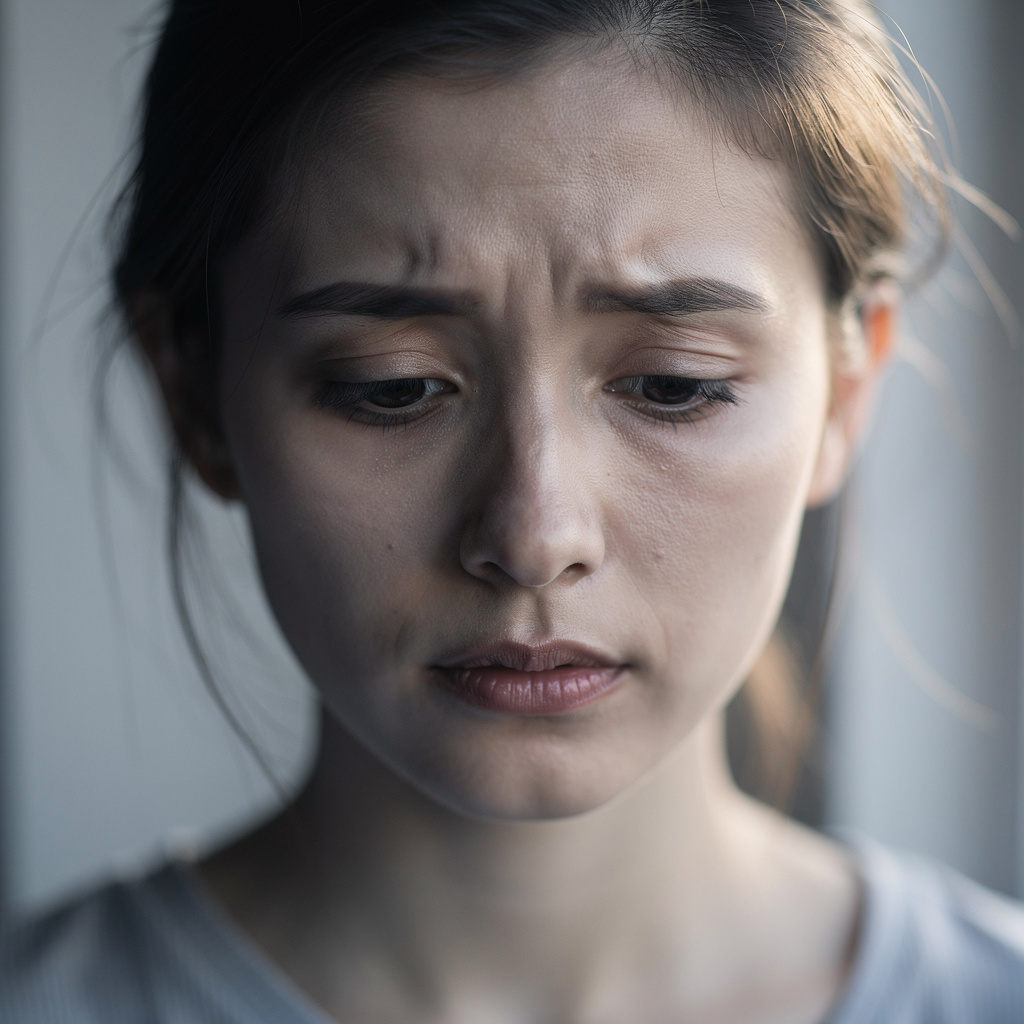 A face showing quiet melancholy — downcast eyes, slightly dr