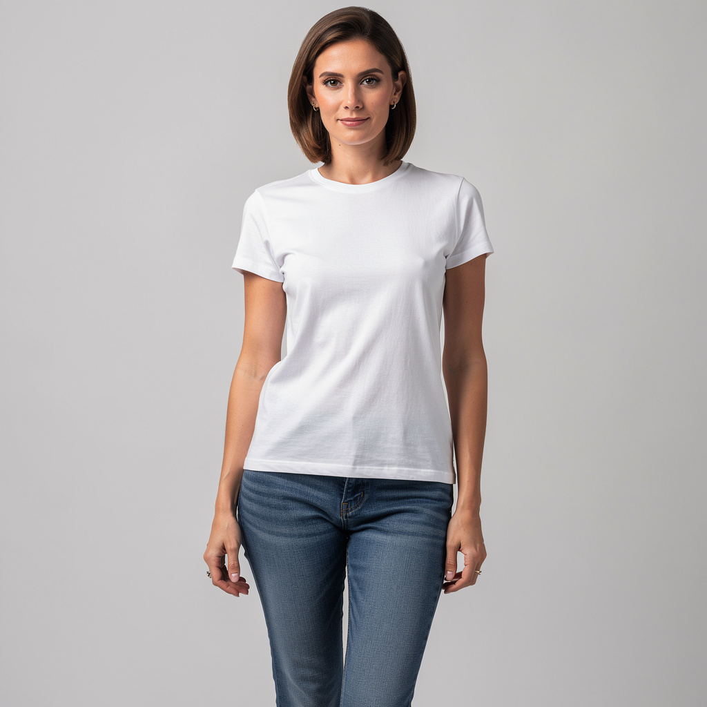 A woman standing upright in a relaxed pose, arms at her side
