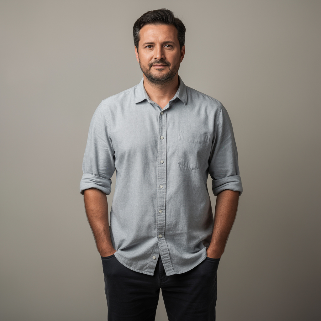 A man standing straight facing the camera, hands in pockets,