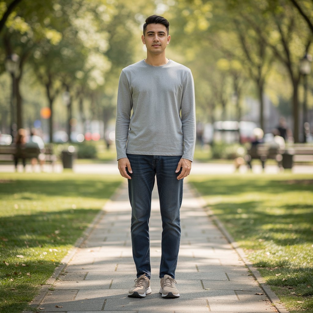 A person standing in a neutral pose in a park, full body vis