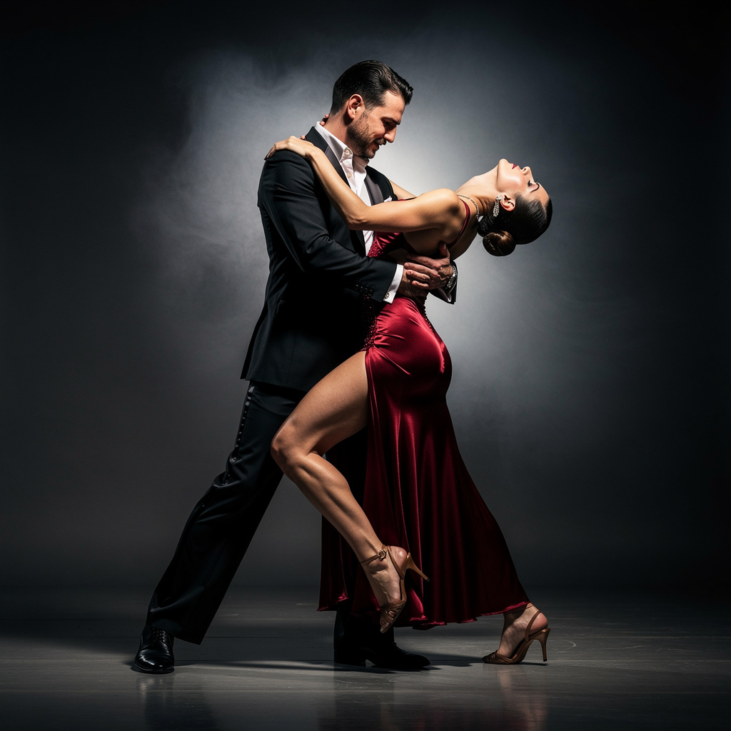 Two tango dancers in a close embrace, the man dipping the wo