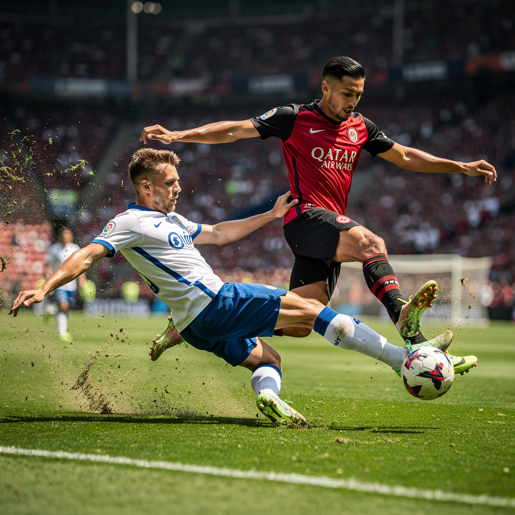 Two soccer players mid-tackle, one sliding and the other jum