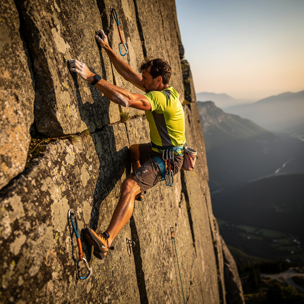A rock climber clinging to a cliff face with arms and legs e