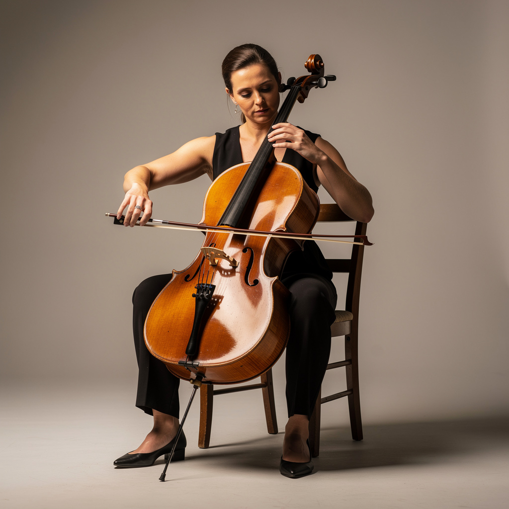 A cellist seated with correct posture, legs around the instr