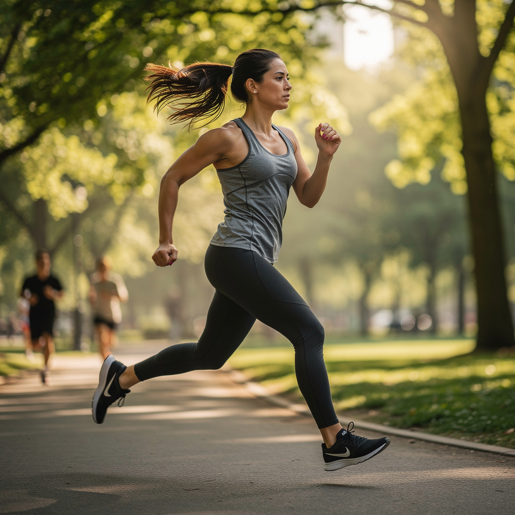 A woman mid-stride running through a park, hair and clothes 