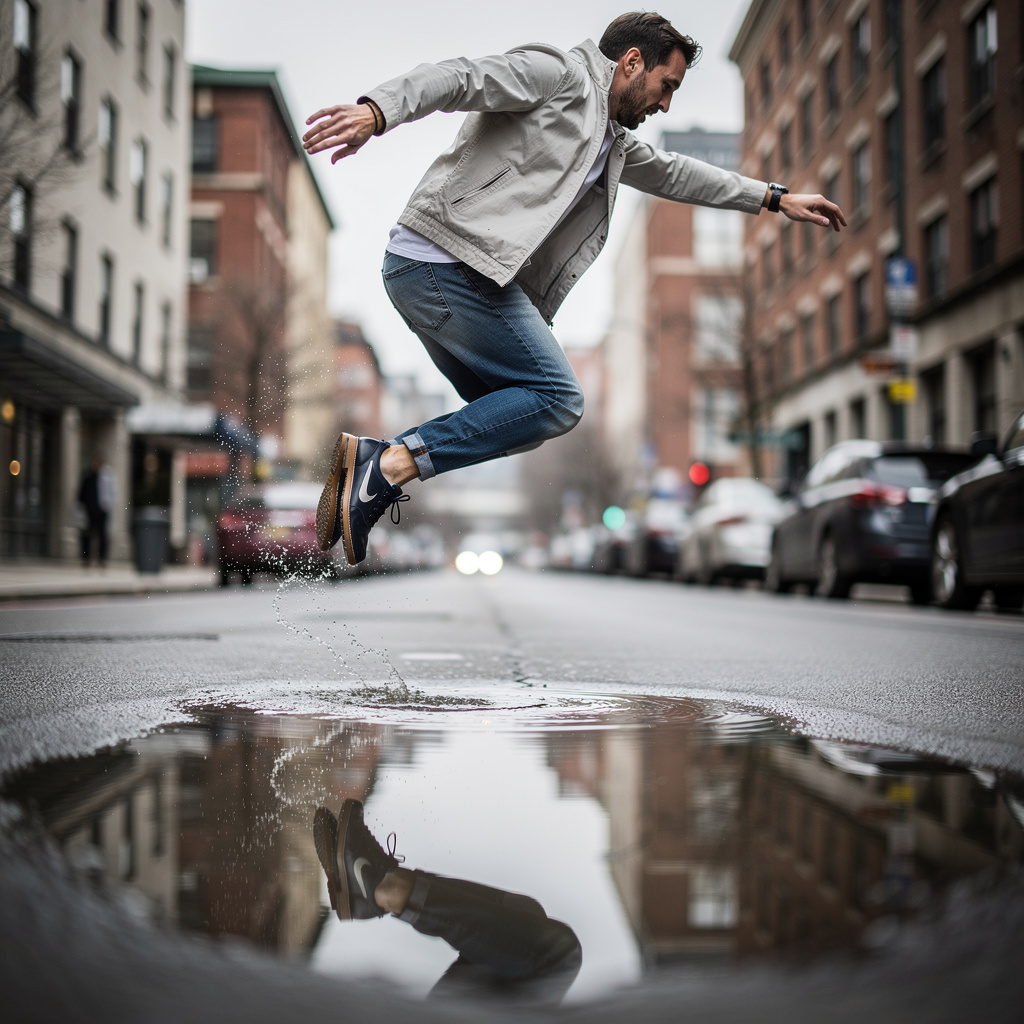 A man captured mid-jump over a puddle, body in the air with 