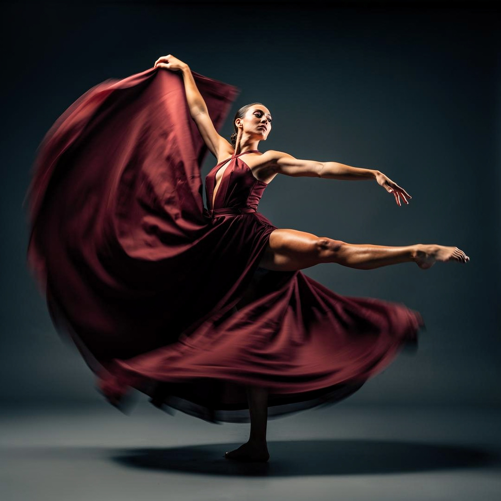A dancer in a dynamic spin, dress flowing outward with one l