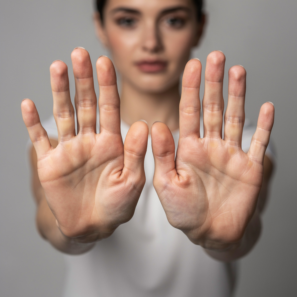 A woman holding her hands out in front of her palms-up, all 