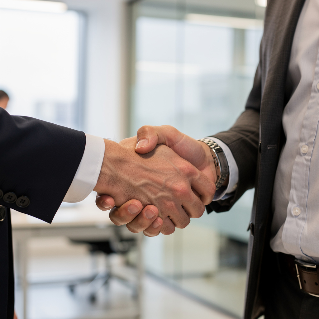 Two people shaking hands in a professional setting, all fing