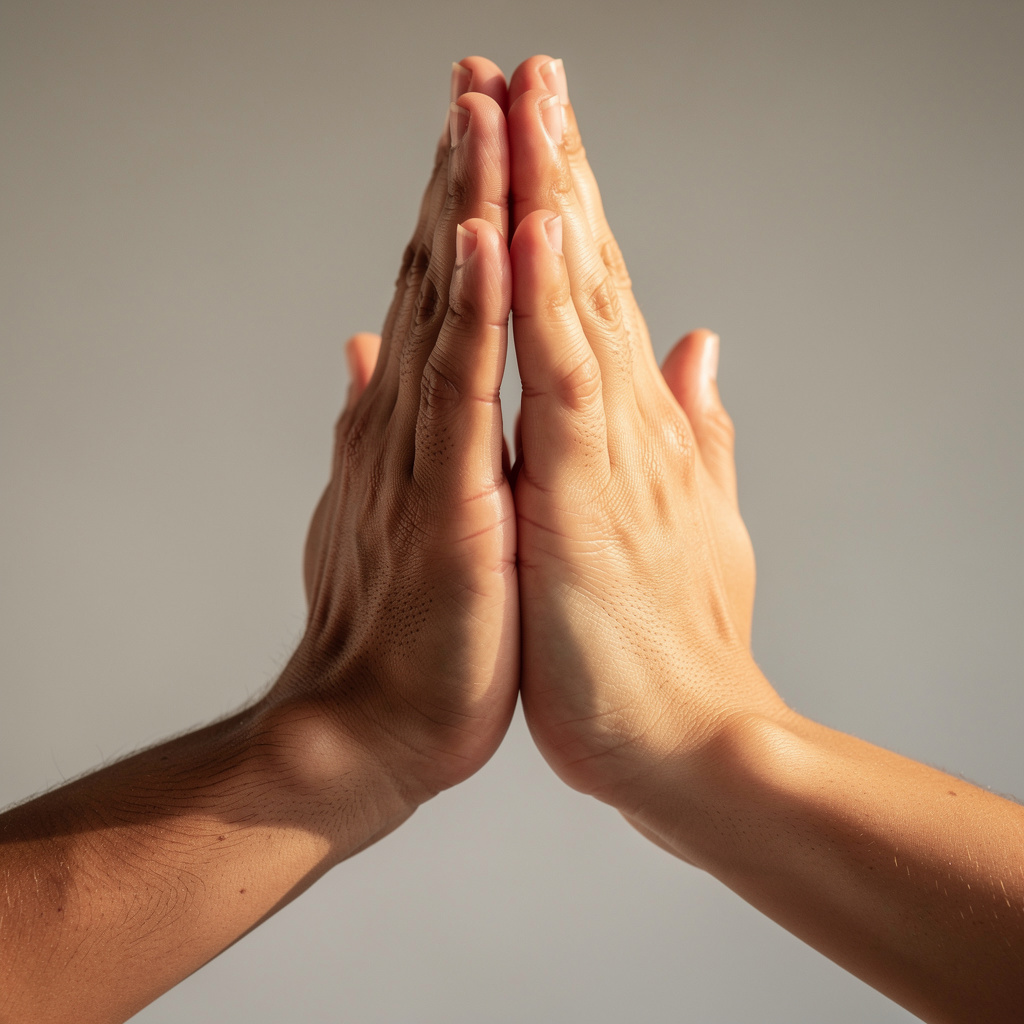Two people doing a high-five, palms meeting with all fingers