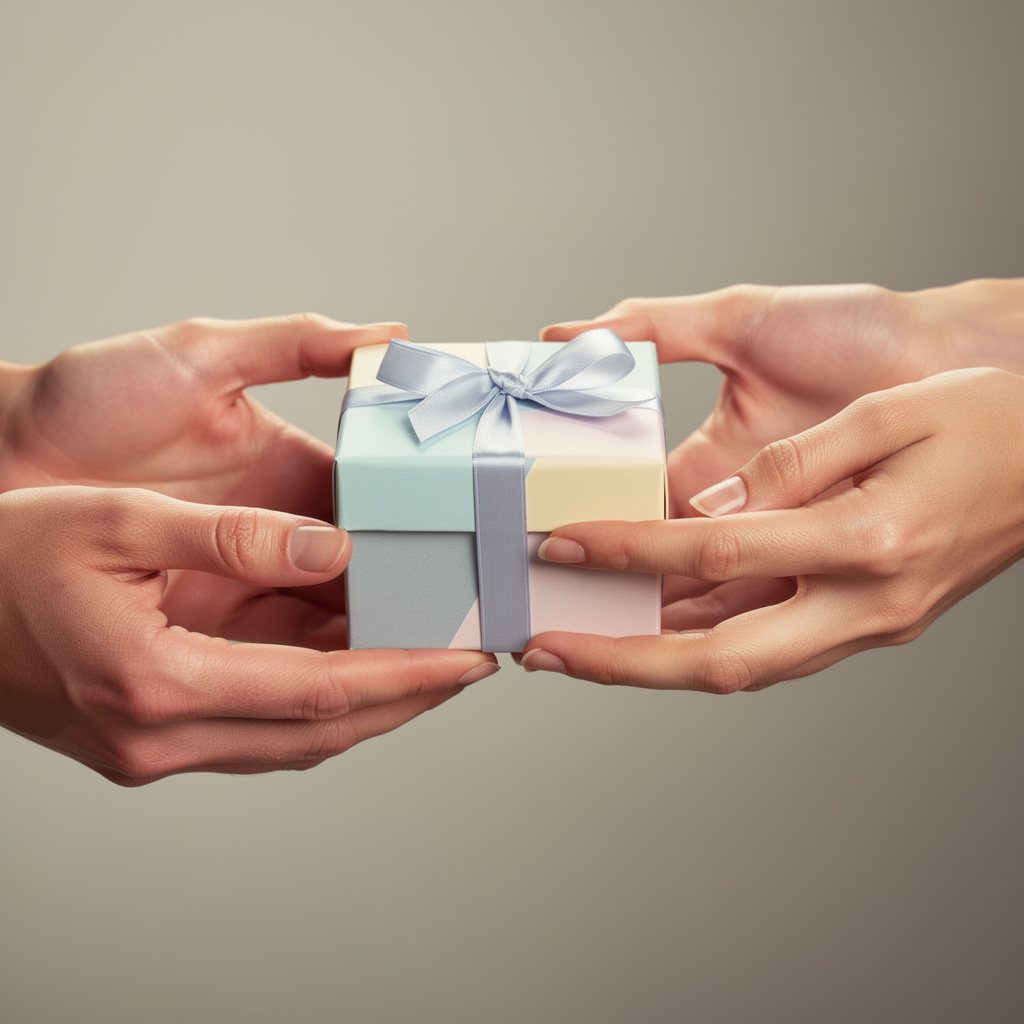 One person handing a small gift box to another person, both 