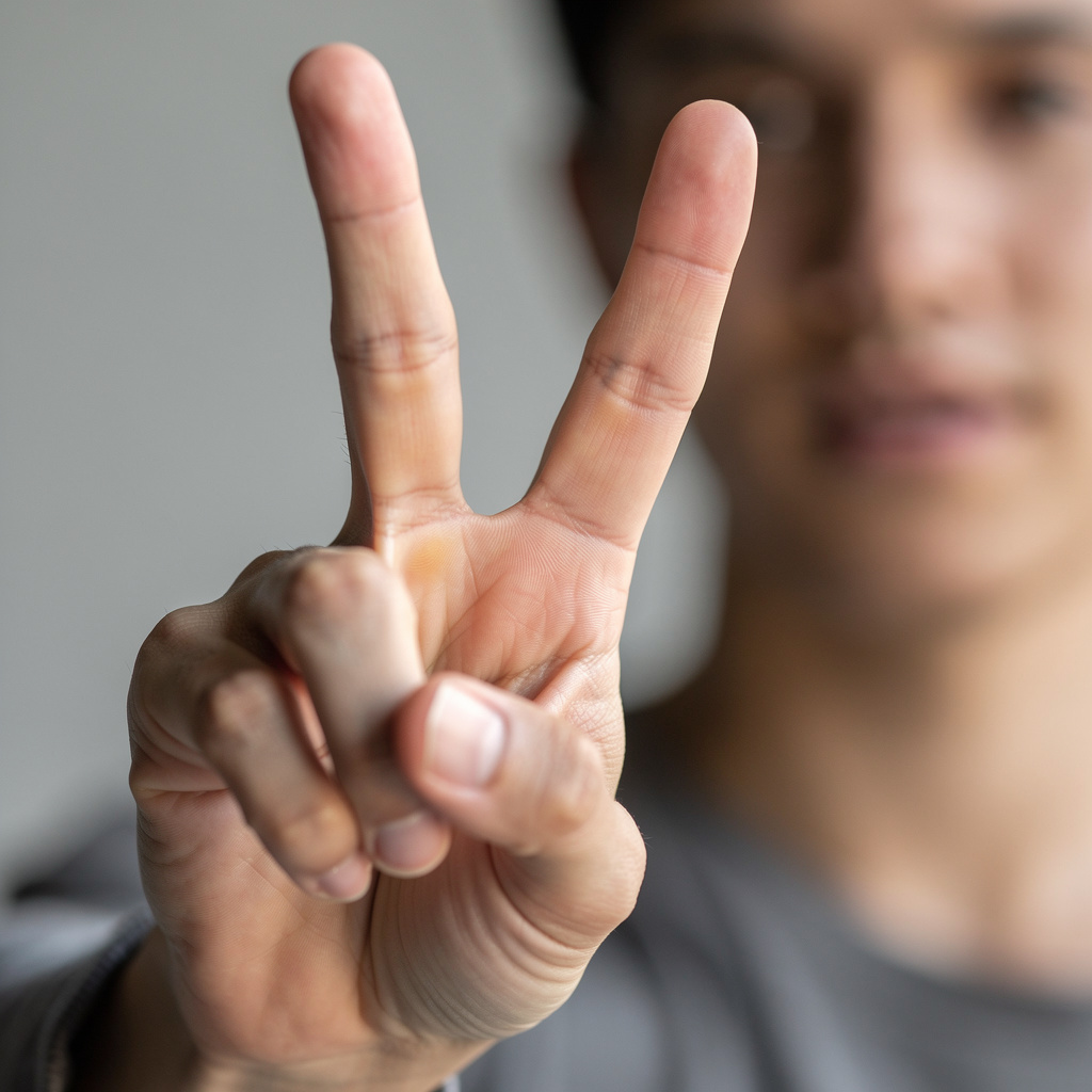 A person making a peace sign with their right hand, clearly 