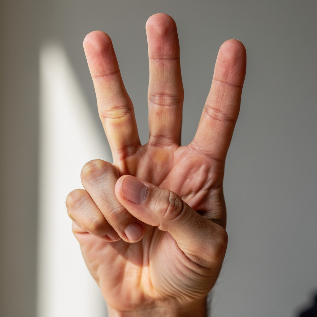 A person counting to three on their fingers, with index, mid