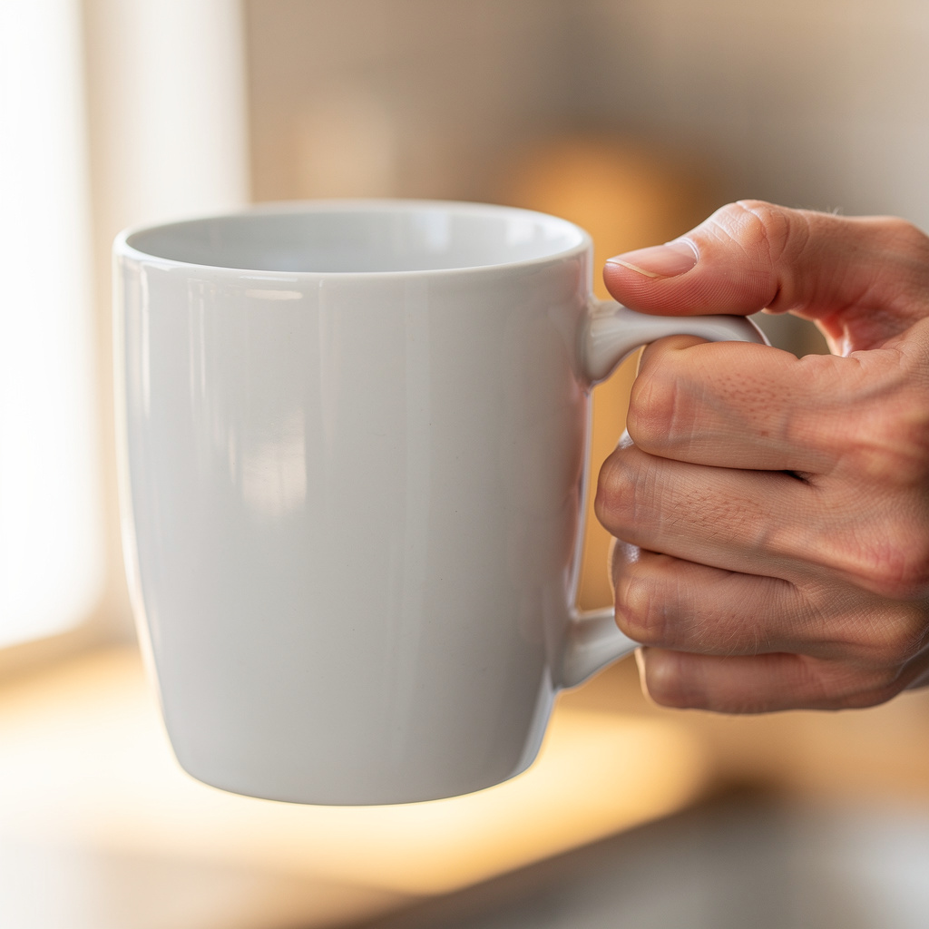 A person holding a white ceramic coffee mug by the handle wi