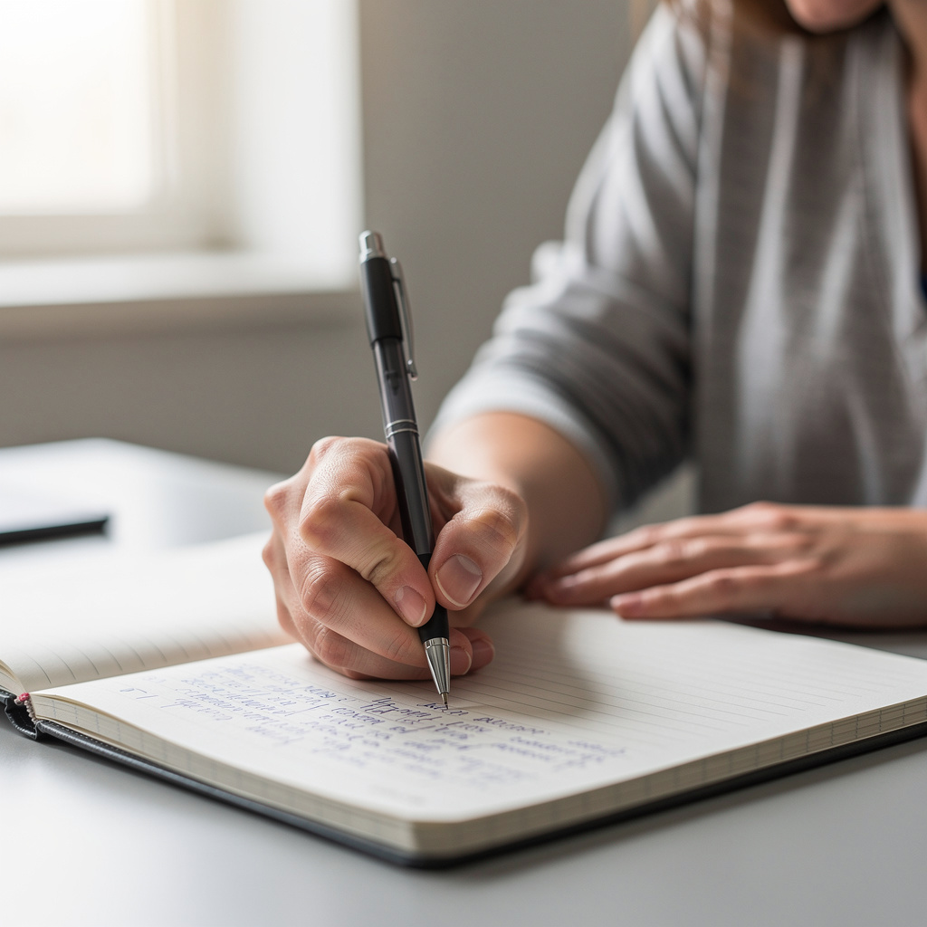 A woman writing in a notebook with a pen gripped correctly i
