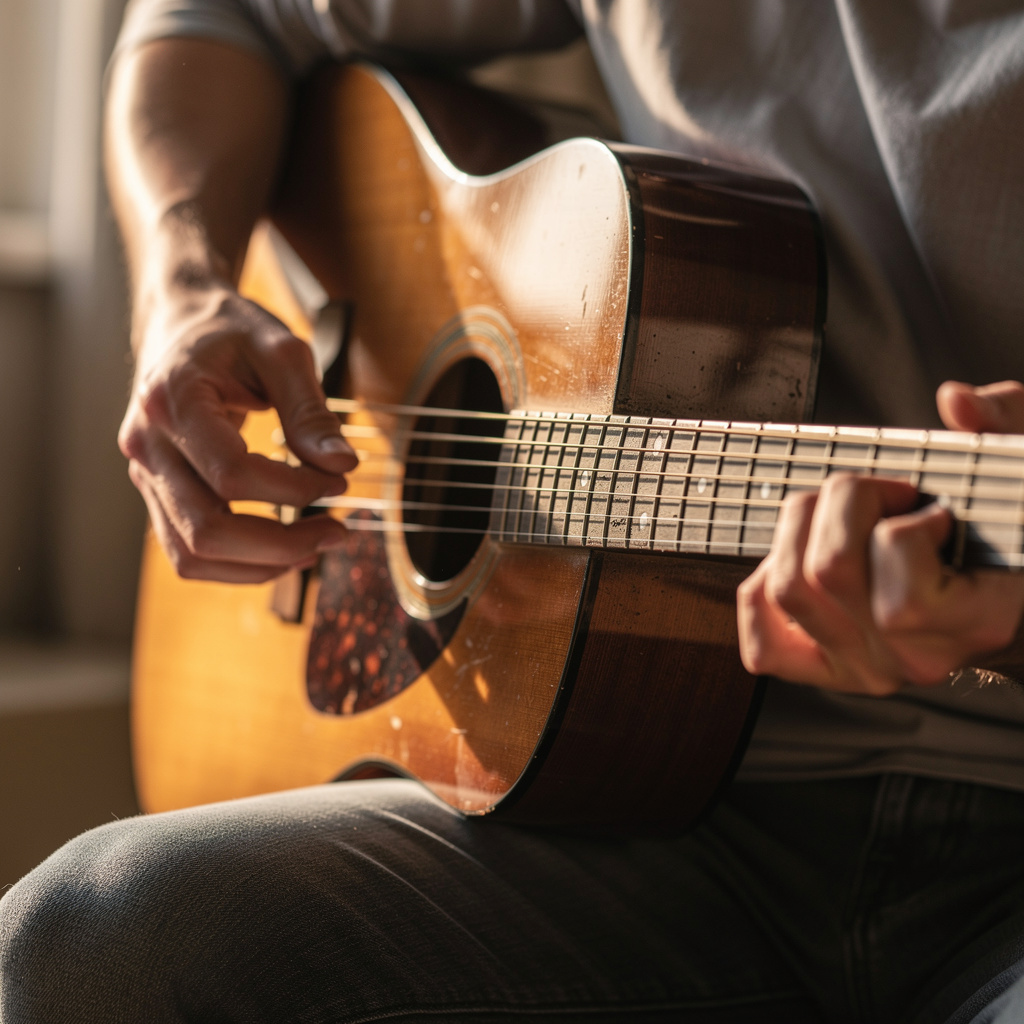 A person playing an acoustic guitar with left hand on the fr