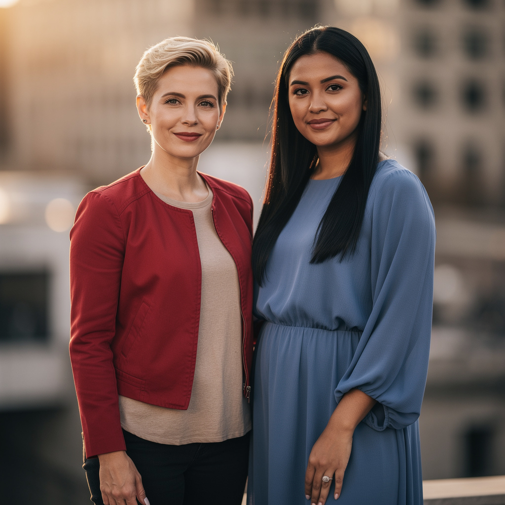 Two women standing side by side: one with short blonde hair 