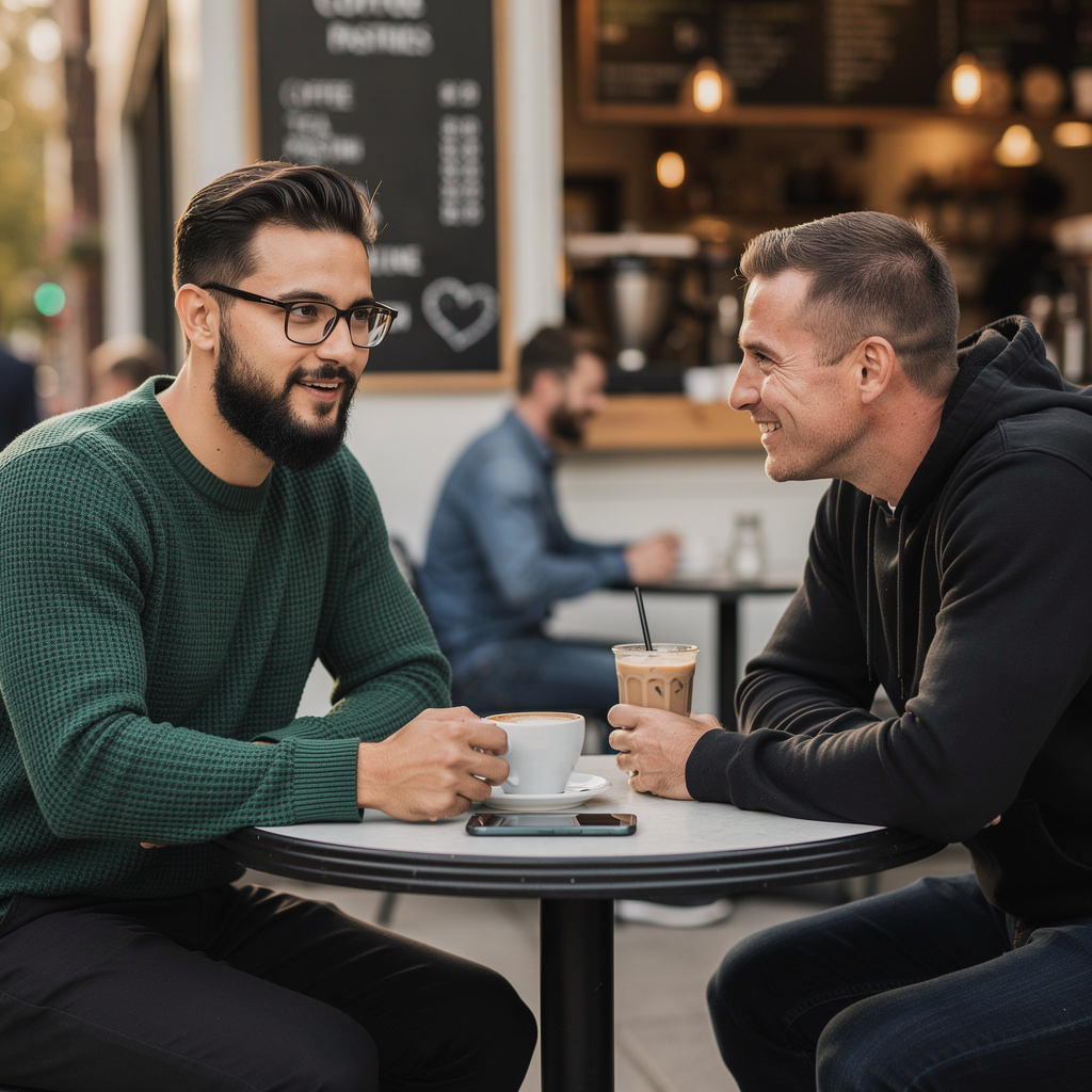 Two men at a cafe: one with a beard and glasses wearing a gr