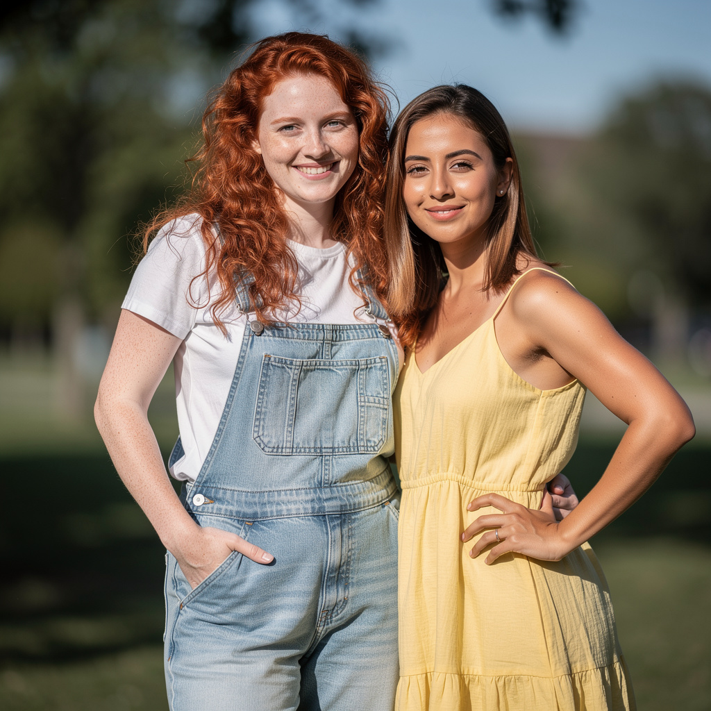 Two friends posing: one tall with curly red hair in denim ov