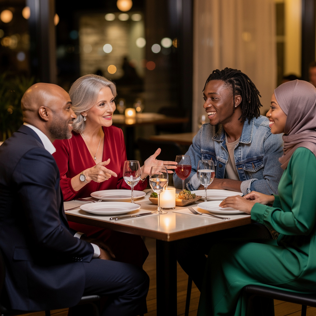 Four people at a dinner table: a bald man in a suit, a woman