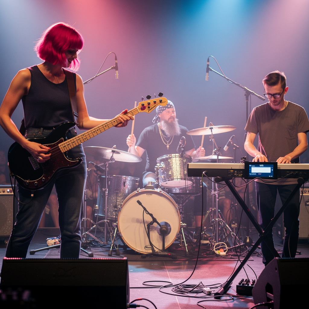Three musicians on stage: a tall woman with short pink hair 