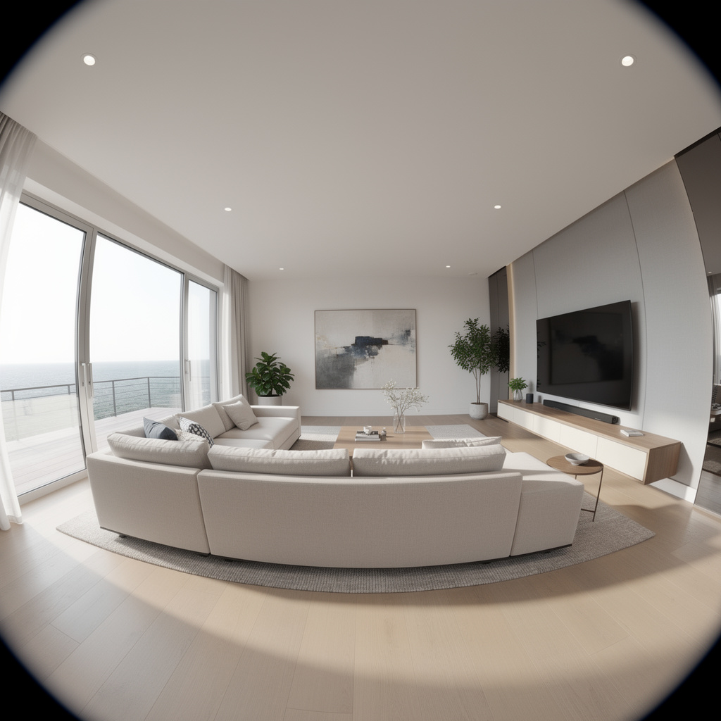 A wide-angle shot of a modern living room interior showing e