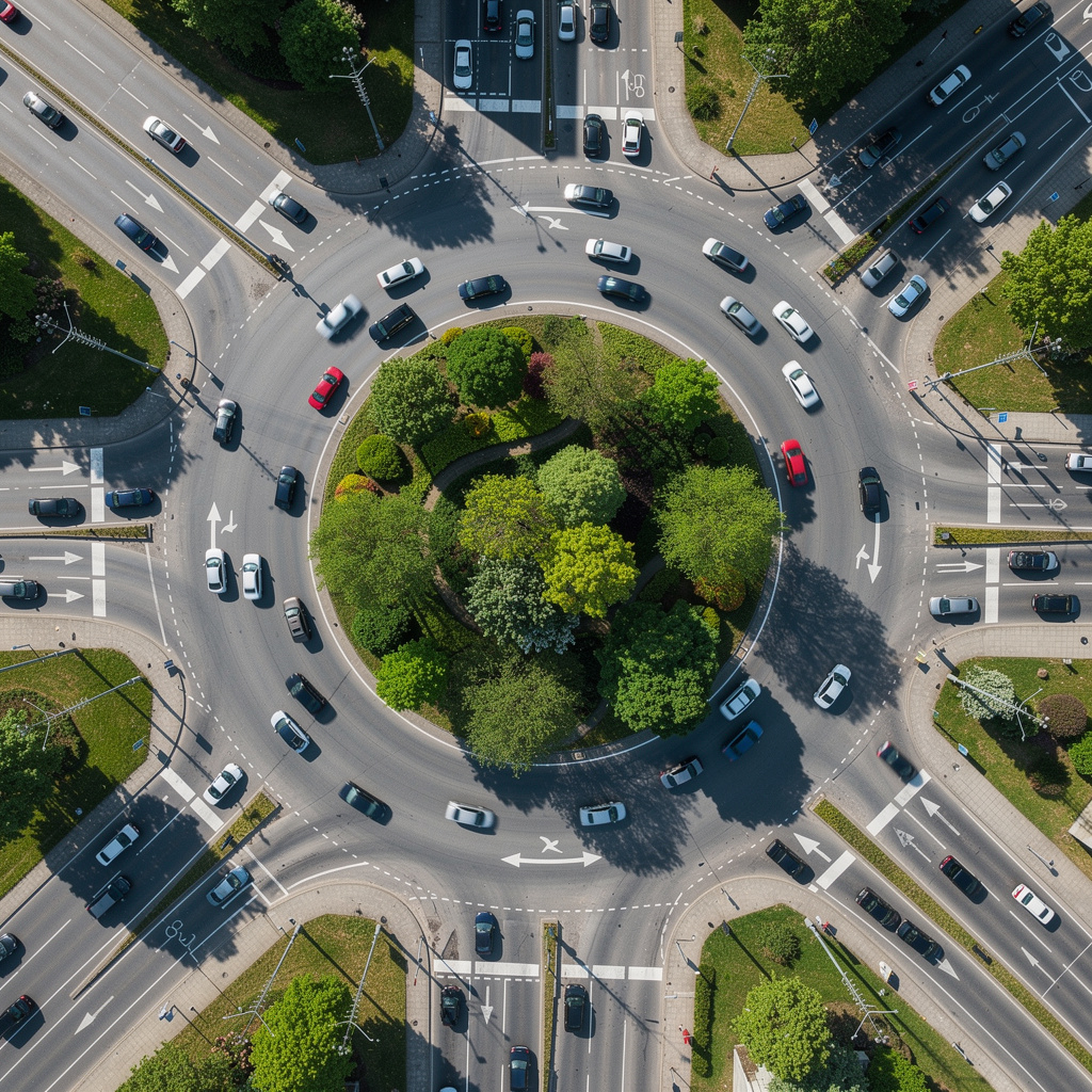 An aerial bird's-eye view looking straight down at a traffic