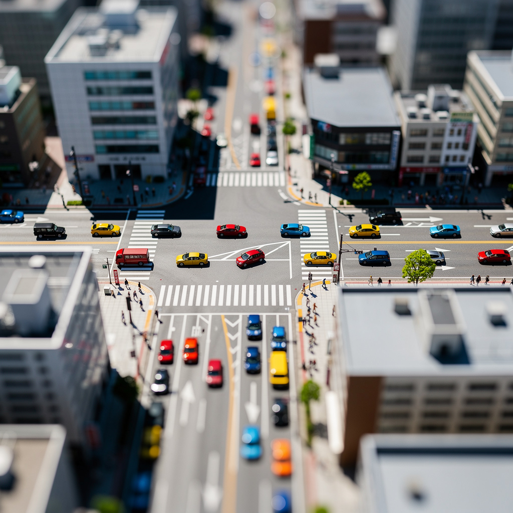 A tilt-shift photograph of a city street making real-life lo