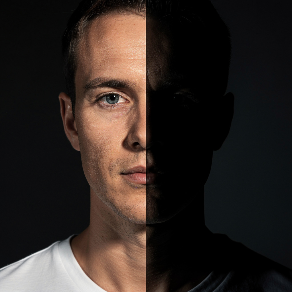 A portrait with dramatic split lighting — half the face brig