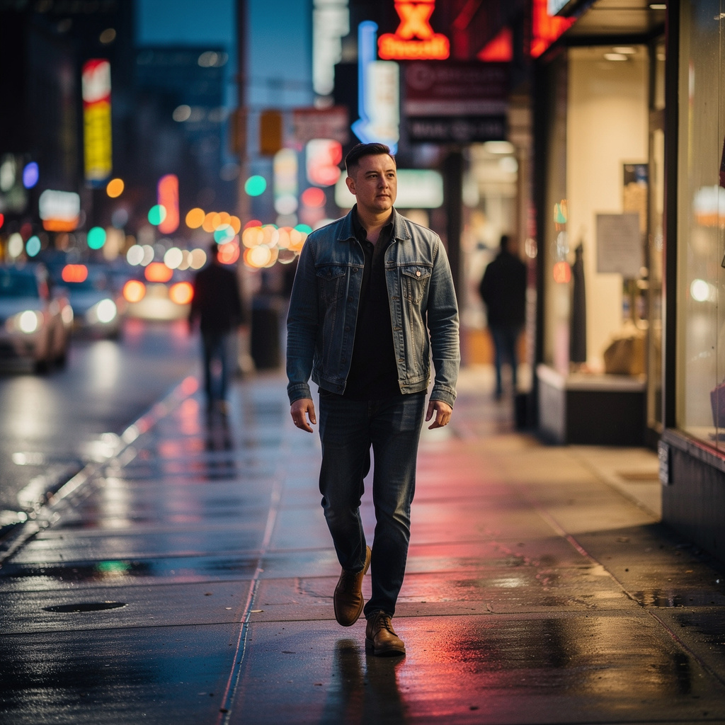 A street photograph with shallow depth of field as if shot a