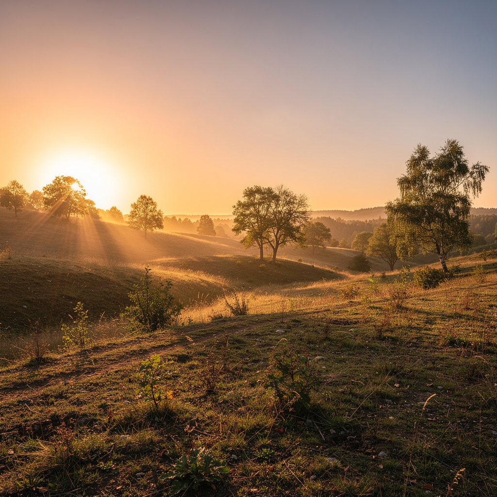 A landscape photograph bathed in golden hour light — long wa